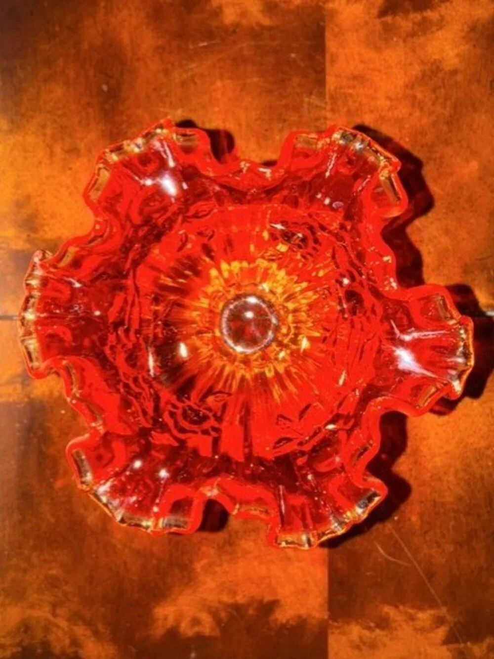 Fenton Glass Cabbage Rose Amberina Ruffled Edge Silver Crest Footed Compote